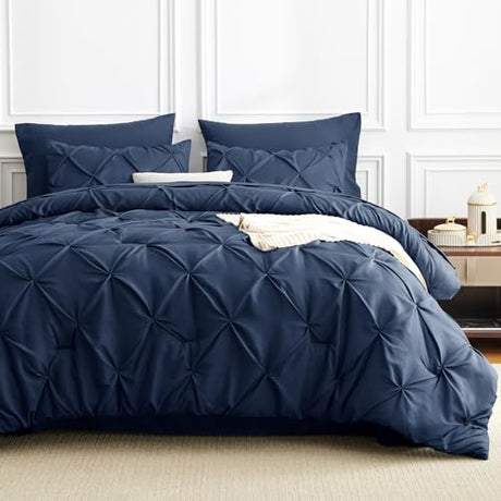 CozyLux Queen Comforter Set Navy Blue, 7 Pieces Pintuck Bed in A Bag, Premium Blue Comforter Queen Size, Pinch Pleat Bedding Sets with Comforter, Sheets, Pillowcases & Shams CozyLux