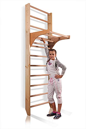 Wooden Swedish Ladder, Stall Bars Set for Physical Therapy & Gymnastics (with Adjustable Pull-up Bar)