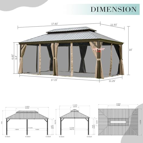 Domi Hardtop Gazebo 12x18FT, Outdoor Gazebo with Galvanized Steel Double Roof, Aluminum Frame, Built-in Gutter System, Curtain and Netting, Metal Gazebo Pavilion for Patio Deck Garden, Brown domi outdoor living