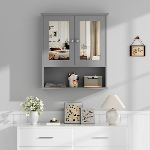 Shintenchi Bathroom Cabinet with Mirror, Wood Medicine Cabinet with Adjustable Shelf, Wall Mount Cabinet Storage, Cupboard, Gray Shintenchi