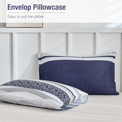 Lekesky Duvet Cover Full, 3 Pieces Blue Striped Duvet Cover Set Soft Bedding Aztec Comforter Cover Full Size with Hidden Zipper Corner Ties Lekesky