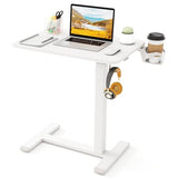 Tangkula Mobile Standing Desk, Pneumatic Height Adjustable Rolling Desk with Cup Holder & Headphone Hook, Overbed Table with Hidden Wheels, Laptop Computer Cart for Couch, Home, Office (White) Tangkula