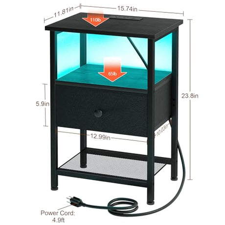 LOAKEKEL Nightstand with Charging Station, End Table with Fabric Drawer, LED Night Stand for Bedroom, Small Bed Side Table with USB Ports and Outlets for Living Room, Black, HETS01BK-1 LOAKEKEL