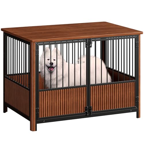 Zivanti 43'' XL Fluted Large Dog Crate Furniture with 3 Doors, Modern Indoor Decorative Dog Crate End Table, Wooden Dog Kennel Cage for Medium to Large Dogs, Walnut Zivanti