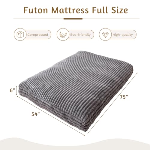YOSHOOT 6 Inches Futon Mattress Full Size, Thick Futons Sofa Bed Couch, Floor Mattress for Adults, Shredded Foam Filling(Frame Not Included), Medium Firm, Grey YOSHOOT