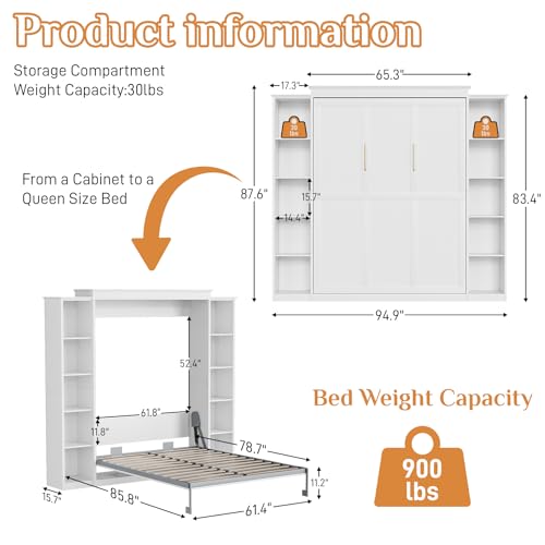 Rophefx Queen Murphy Bed Cabinet with 5-Tier Adjustable Storage Shelves, Wood Queen Wall Bed Cabinet Bed, Space Saving Beds, Hidden Bedframe, Foldable Platform Beds for Guest Room, Bedroom, White Rophefx