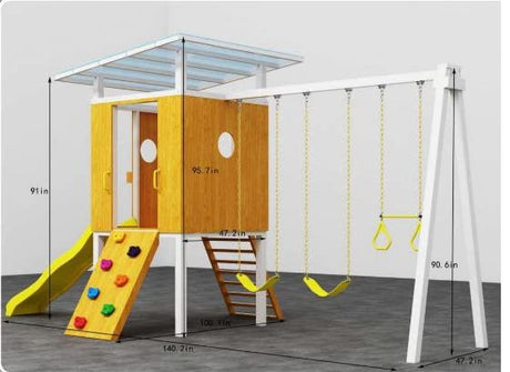 Avenlur Modern Outdoor Backyard Swing Set Children's Rock Climbing Wood Playground Playset 2 Belt Swings, Clubhouse Fort, Windows, Ladder, Wavy Slide Toddlers, Kids Climbers Play Adventure Rock 3-11yr Avenlur