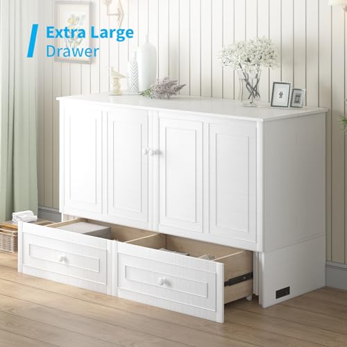Mjkone Queen Murphy Bed Cabinet, Murphy Beds with USB Charging Station, Modern Cabinet Bed with Drawers & Tri-Folding Mattress, Cube Chest Cabinets Wall Beds for Home Apartment, White Mjkone