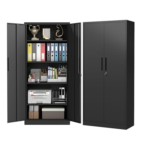 Reegangfa Metal Storage Cabinet with 2 Doors and 4 Adjustable Shelves, 71" Garage Storage Cabinet with Anti-Tipping Design, Lockable Garage Cabinets for Office, Home, Garage, Gym, School Reegangfa