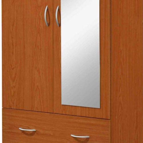 HODEDAH 2 Door Wood Wardrobe Bedroom Closet with Clothing Rod Inside Cabinet, 2 Drawers for Storage and Mirror, Cherry Hodedah