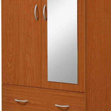 HODEDAH 2 Door Wood Wardrobe Bedroom Closet with Clothing Rod Inside Cabinet, 2 Drawers for Storage and Mirror, Cherry Hodedah