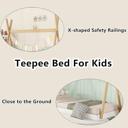 Bellemave Twin Size Teepee Tent Floor Bed Frame with Triangle Structure for Kids - Montessori White and Natural Design - WoodArtSupply