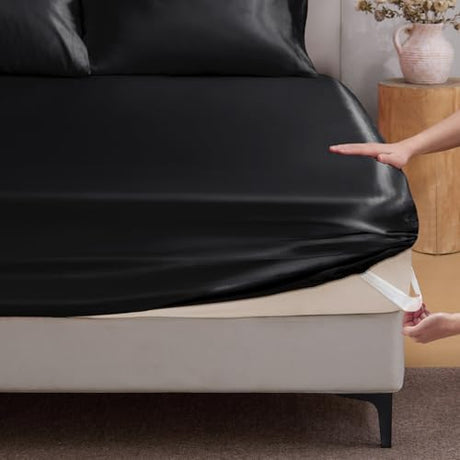BEDELITE Satin Fitted Sheet Queen Size with Elastic Corner Straps, Luxury Soft Silk-Like Bed Sheet for Hair & Skin, 1 Deep Pocket Fitted Sheet Only Fits 15" Mattress, Fade & Wrinkle Resistant, Black BEDELITE