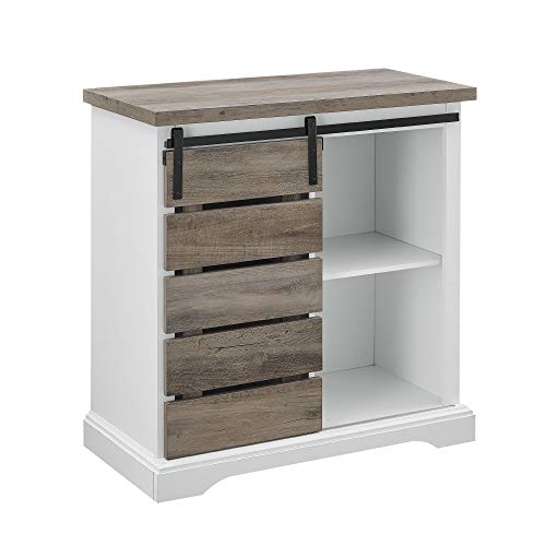 Walker Edison Willa Modern Farmhouse Sliding Single Slat Door Storage Console, 32 Inch, White and Grey Wash - WoodArtSupply