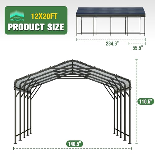 Polar Aurora 12x20 FT Metal Carport, Car Port with Enhanced Base Heavy Duty Garage Outdoor Galvanized Car Shelter, for Car, Boats and Truck Polar Aurora