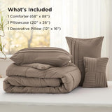 Bedsure Twin Comforter Set - 3 Pieces Pinch Pleat Bed Set, Brown Boho Bedding for All Season, 1 Soft Comforter, 1 Pillowcase, 1 Decorative Pillow Bedsure