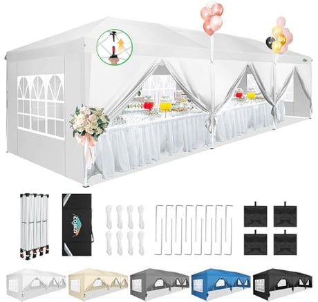 COBIZI 10x30 Pop Up Canopy Tent for Parties with 8 Sidewalls Waterproof Commercial Instant Canopy 10x30 Party Tent for Backyard, Wedding Portable Outdoor Gazebo with Carrybag&4 Sandbags(White COBIZI