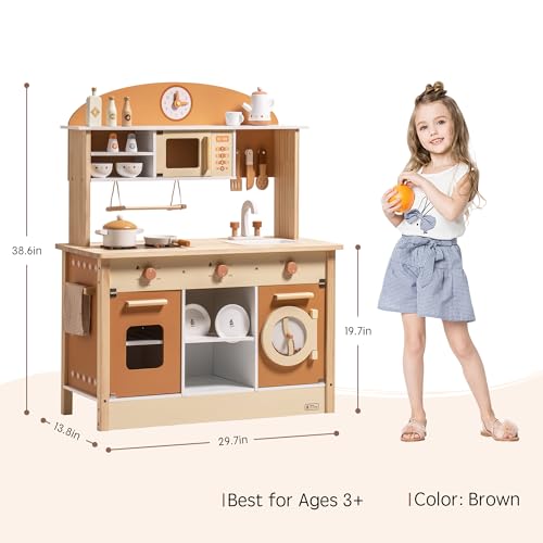 ROBUD Wooden Play Kitchen for Kids Toddlers, Kids Kitchen Playset with Realistic Accessories, Toy Kitchen Set with Plenty of Play Features, Modern Style Toy Kitchen for Girls & Boys, 3+, Caramel ROBUD