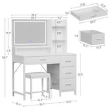 Greenstell Vanity Desk with Mirror and Lights, Makeup Vanity Table with Upholstered Stool, 4 Drawers & 3 Storage Shelves, Power Outlet, 3 Adjustable Lighting Modes for Bedroom and Dressing Room, White GREENSTELL