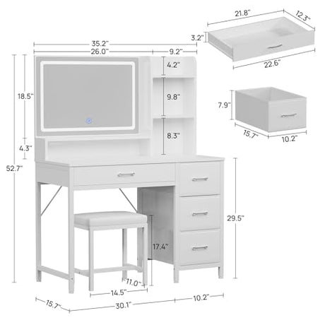 Greenstell Vanity Desk with Mirror and Lights, Makeup Vanity Table with Upholstered Stool, 4 Drawers & 3 Storage Shelves, Power Outlet, 3 Adjustable Lighting Modes for Bedroom and Dressing Room, White GREENSTELL