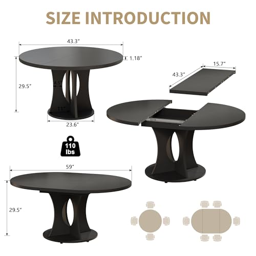 iPormis 43.3-59 Inch Extendable Round Dining Table for 6-8 People, Oval Dinner Table with Adjustable Top and A Stable Round Pedestal Base, Space Saving Wooden Kitchen and Dining Table, Black iPormis