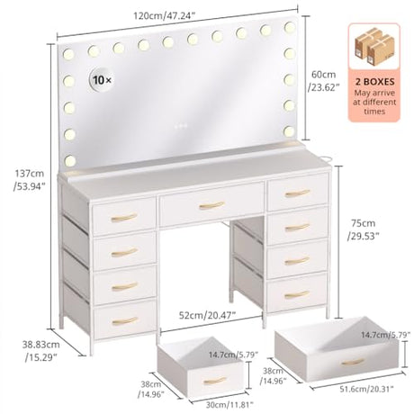 COMHOMA Vanity Desk with Large Mirror,15 LED Bulbs and Power Outlet,Makeup Table with 9 Storage Drawers and HD Mirrors,3 Color Modes Adjustable Lighting for Bedroom Dressing Room (White, 47inch) COMHOMA