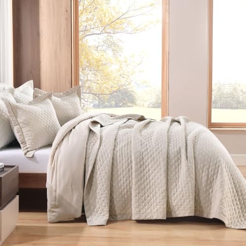Grassix Linen Quilt Set King Size 3-Piece, 100% Linen Front & Cotton Back, Prewashed Diamond Stitch Bedspread with 2 Shams, Lightweight Breathable Quilt for Hot Sleepers, Modern Farmhouse Bedding Grassix