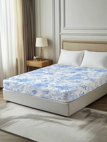 King Size Flat Bed Sheet,Blue Botanical Microfiber Brushed Single Flat Sheet Only,Retro Ink Floral Flower Modern Minimalist Soft & Breathable Top Sheet Lightweight Quilt Hotel Luxury Bedding ZOE GARDEN