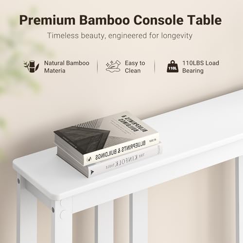 ELYKEN Bamboo Console Tables for Entryway, 36.2" Long 2 Tier Hallway Table Behind Couch, 7” Narrow Sofa Table for Entrance, Entry, Living Room, White ELYKEN
