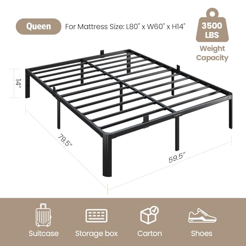 Metal Bed Frame Queen Size, 14 Inch 3500 lbs Heavy Duty Platform Bed Frames Steel Slats Noise Free No Box Spring Needed, Easy Assemble Sturdy Bedframe with Storage and Mattress Retainers BOLTRISE