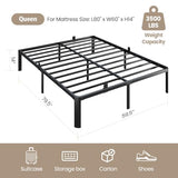 Metal Bed Frame Queen Size, 14 Inch 3500 lbs Heavy Duty Platform Bed Frames Steel Slats Noise Free No Box Spring Needed, Easy Assemble Sturdy Bedframe with Storage and Mattress Retainers BOLTRISE
