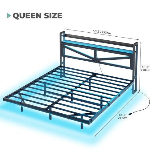 DWVO Queen Size Floating Bed Frame with RGB LED Lights and Charging Station, Upholstered Platform Bed Frame with 2-Tier Storage Shelf Headboard, Solid Metal Slats, Noiseless, Easy Assembly, Black DWVO