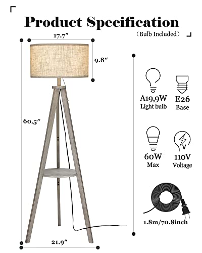 ELYONA Tripod Floor Lamp for Living Room Solid Wood Floor Lamp with Table - Farmhouse Shelf Tall Reading Standing Light with Drum Shade for Bedroom, Office, Study Room, 9W LED Bulb Included,  - WoodArtSupply