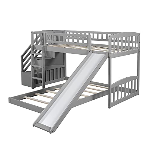 Twin over Twin Low Bunk Bed Frame with Slide and Storage Drawers for Kids - Grey Bellemave