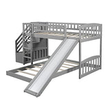 Twin over Twin Low Bunk Bed Frame with Slide and Storage Drawers for Kids - Grey Bellemave