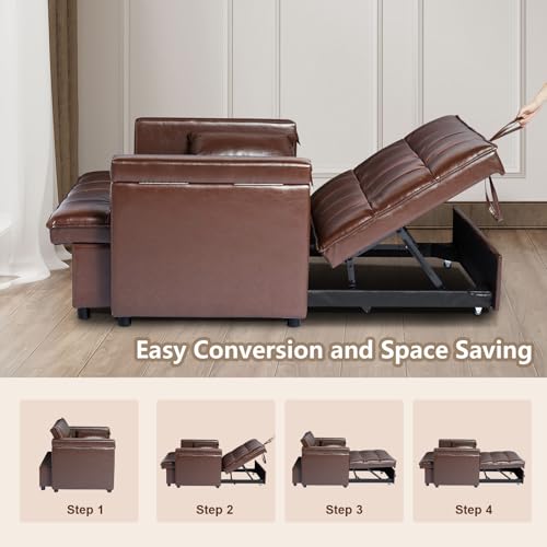 weselon Leather Convertible 3 in 1 Sleeper Sofa Bed, Small Upholstered Loveseat Pull Out Couch, Multi-Functional Sleeper Futon with Hidden Table and Adjustable Backrest for Living Room (Brown) weselon
