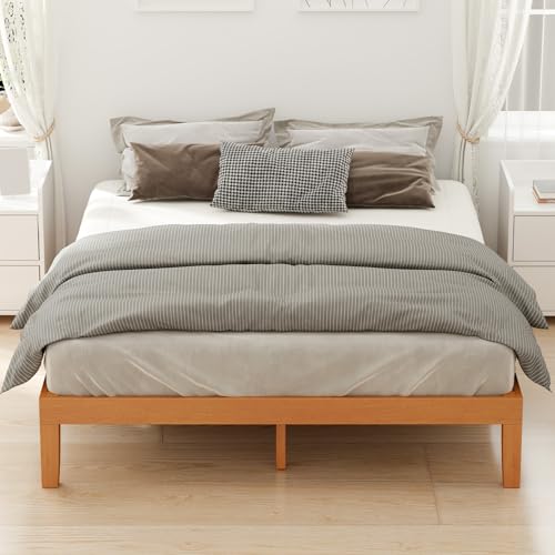 DUMOS Solid Wood Bed Frame, Full Size Bed Base with Wood Slat Support, Sturdy, Stylish & Noise-Free Design, No Box Spring Needed, Easy Assembly, 12 in Natural Pine DUMOS