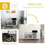 PawHut Indoor Outdoor Wooden Rabbit Hutch with Wheels, Large Bunny Hutch with Run & Slide-Out Tray for Small Animals, Guinea Pig, Gray PawHut