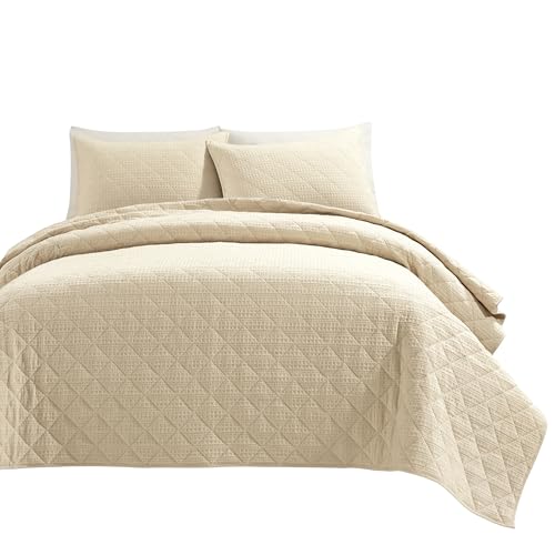 Lush Decor Haniya Solid Waffle Woven Textured Cotton Quilt Set, 3 Piece Set, Full/Queen, Neutral - Soft Waffle Quilt - Neutral Bedding Set - Minimalist, Modern & Farmhouse Bedroom Decor Lush Decor