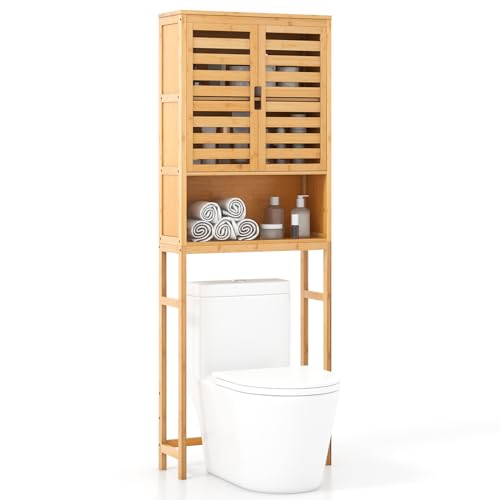 Tangkula Over The Toilet Storage Cabinet, Tall Natural Bamboo Bathroom Shelf Over Toilet with 2 Doors & Open Shelf, Freestanding Toilet Bathroom Space Saver, 24.5 x 9 x 67 Inch (Natural) Tangkula