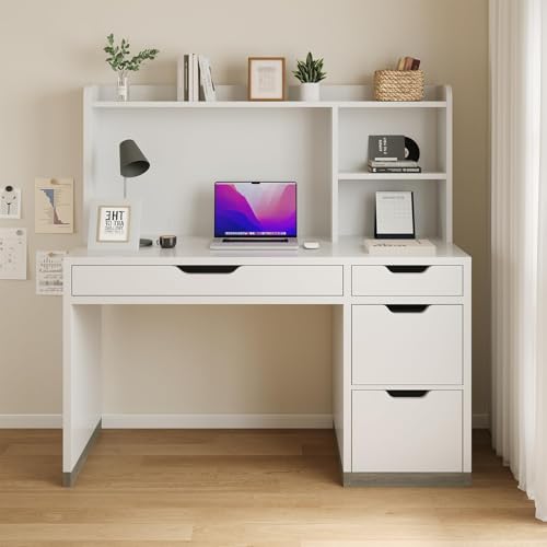 MaverickFurni White Desk with Hutch and Drawers, 53 Inch Computer Desk with Storage File Drawer, White Study Desk with 4 Drawers for Bedroom, Small Space MaverickFurni