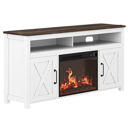 BELLEZE 58" Farmhouse Fireplace TV Stand for TVs up to 65", 23" Electric Fireplace Heater with Sound, Entertainment Center Media Console Table Barn Door Storage Cabinets for Living Room - White