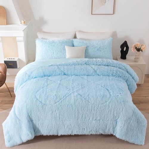 BYHOFMLY Light Blue Fluffy Girls Comforter Set Twin Size 3 Pieces Faux Fur Plush Shaggy Bedding Set for Teen Girls Soft Warm Furry Velvet Kids Bed Sets (Light Blue, Twin) BYHOFMLY