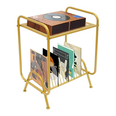 ARPITUYN 2-Tier Record Player Stand with Record Storage Shelf, Free Standing Metal Record Storage Rack with 16 Slots, Modern Player Table for Living Room, Bedroom (Gold) ARPITUYN