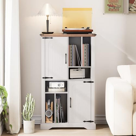 Maupvit Record Player Stand with Vinyl Storage Cabinet, 47" Wood Turntable Table Open and Closed Shelf Holder, 400+ Albums Cube Storage Organizer for Living Room, Office,White Maupvit