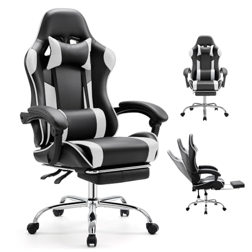 DUMOS Ergonomic Gaming Office Desk Chair with Footrest, Height Adjustable 360° Swivel Computer Video Game Chair with Headrest and Lumbar Support, Black White DUMOS