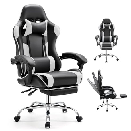 DUMOS Ergonomic Gaming Office Desk Chair with Footrest, Height Adjustable 360° Swivel Computer Video Game Chair with Headrest and Lumbar Support, Black White DUMOS