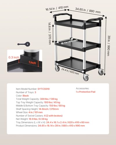 VEVOR Utility Cart, 300 lbs Load Capacity, 3-Tier Utility Plastic Cart with 360° Swivel Wheels (2 with Brakes), 24.4 x 16.1-inch Food Service Cart for Warehouse, Office, Home, Restaurant, Kitchen