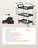 VEVOR Utility Cart, 300 lbs Load Capacity, 3-Tier Utility Plastic Cart with 360° Swivel Wheels (2 with Brakes), 24.4 x 16.1-inch Food Service Cart for Warehouse, Office, Home, Restaurant, Kitchen