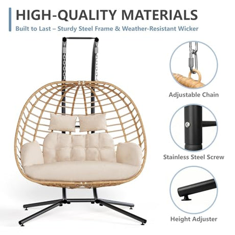 SWITTE Double Hanging Egg Chair with Stand, Outdoor Patio 2 Person Wicker Hammock Swing Chairs with Cushion Loveseat for Indoor Bedroom, Lawn, Garden-Beige SWITTE